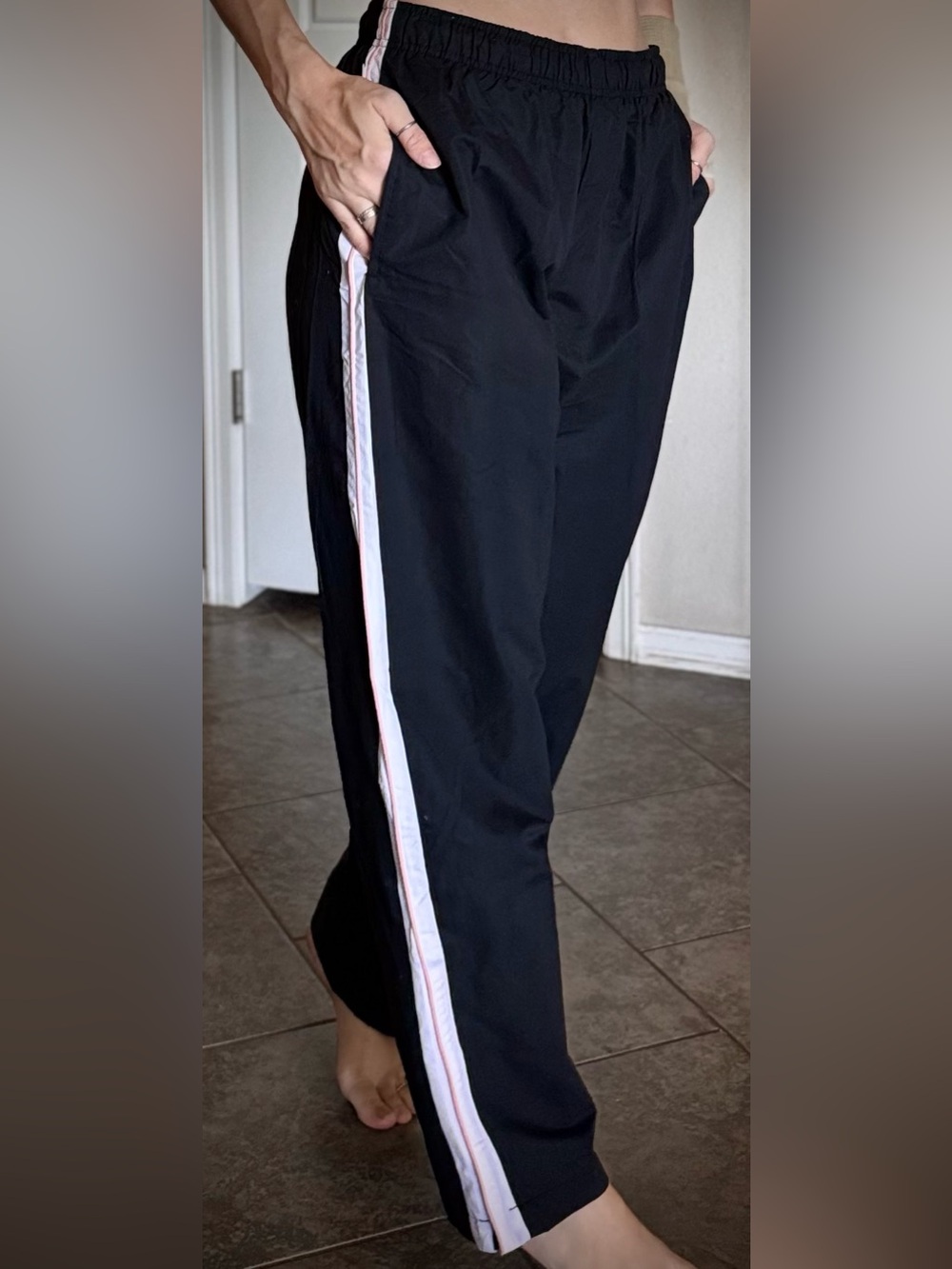 NWT Vintage 90’s Black Track Pants Wide Leg Pin Striped Athletic Bottoms M BCG